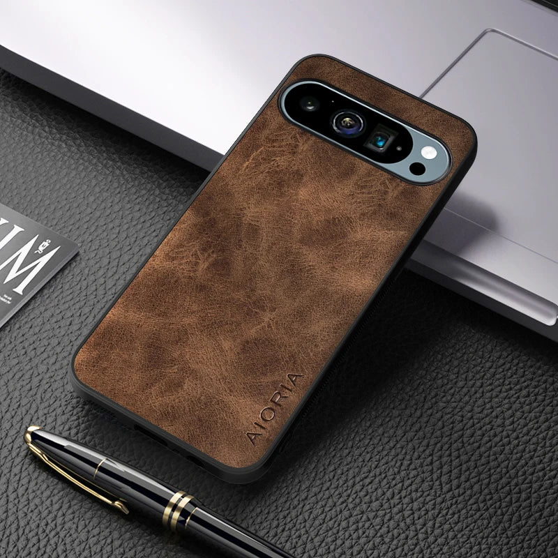 For Pixel 9 Elegant Wood Grain Leather Case – Ultra Slim & Durable Cover (Brown)
