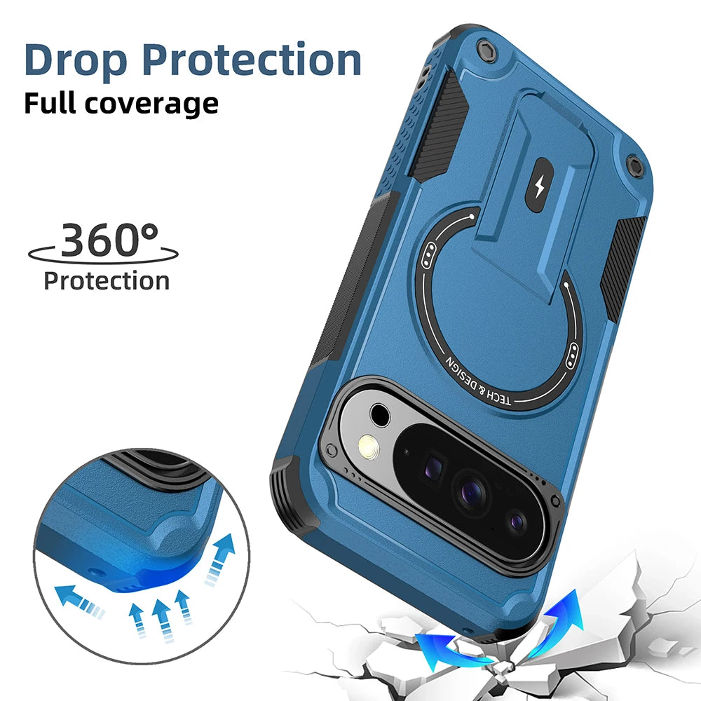 For Google Pixel 9 / 9 Pro 3-in-1 Phone Case With Slide Camera Cover, Build In 360° Rotating Ring Kickstand, Military Grade Protective Shockproof Heavy Duty Anti Fall